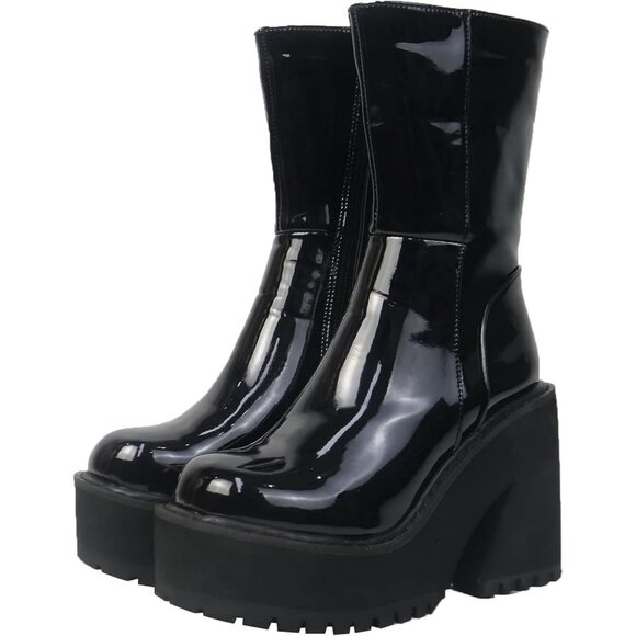 ⚡Women A-patent Black Prime Synthetic Wedge Heel Ankle Platform Round Toe Boots - Picture 1 of 6